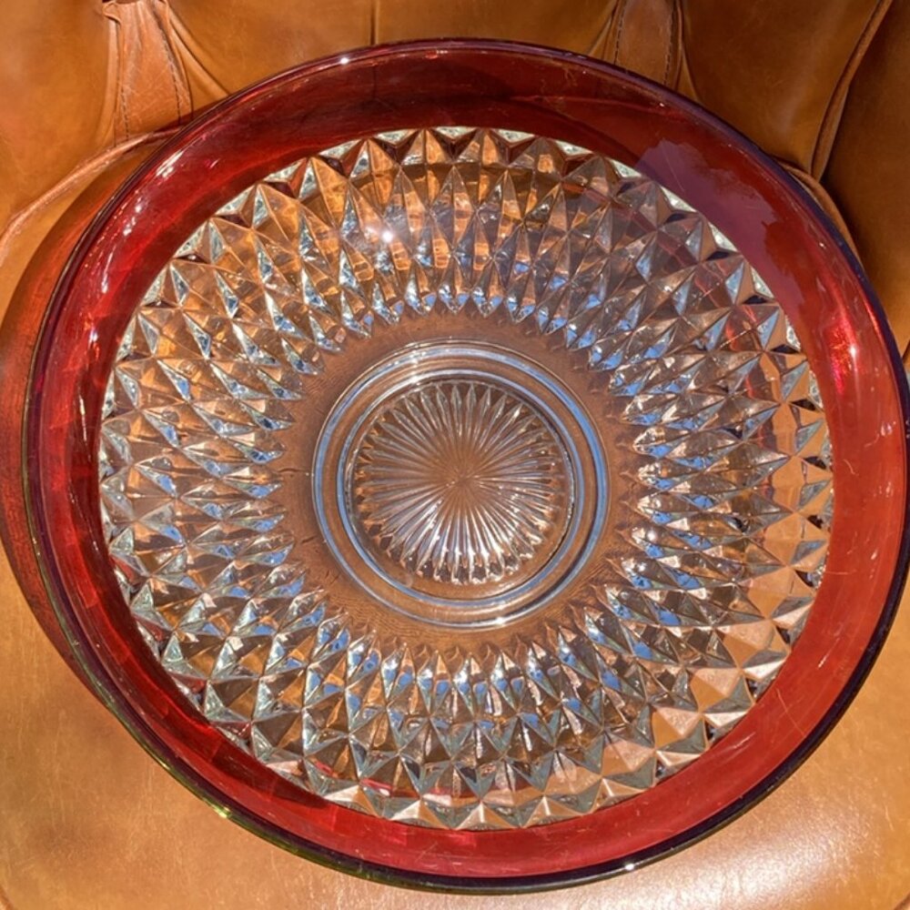 Vintage Indiana Glass Diamond Point Ruby Red Bowl 13.5''